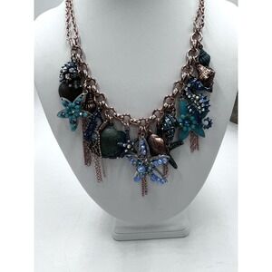 Copper Blue Beach Seashell Starfish Dangle Charms Bib Necklace
